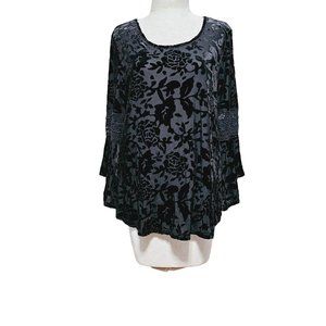 Stem & Vine bell sleeve blouse size XL velvet rose print sheer lace Black